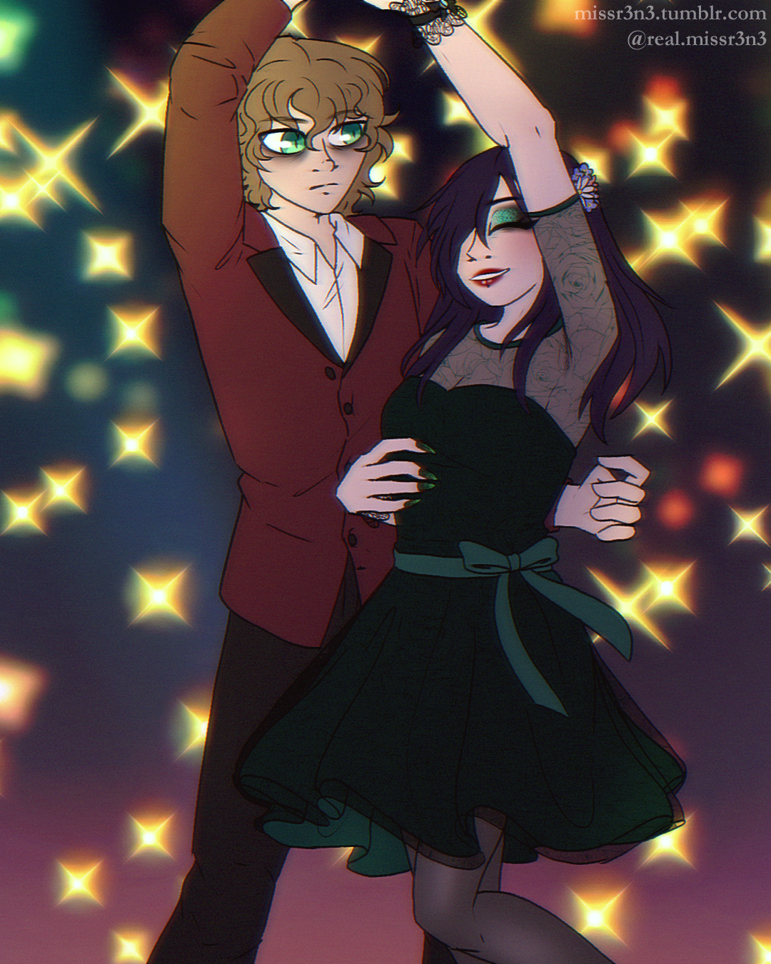 joshua and madeline dance in front of blurred, glittering lights. joshua is wearing an ill-fitting, maroon tuxedo that isn't buttoned properly. madeline is wearing a pthalo green dress with black lace sleeves, and she has green eyeshadow and red lipstick. madeline looks happy, while joshua is stoic